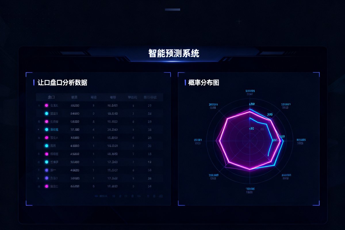 智能预测系统界面截图，展示让球盘口分析数据和概率分布雷达图，深色UI设计配霓虹色数据可视化图表